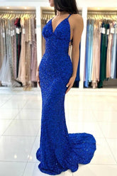 Glamorous Long Royal Blue V-neck Spaghetti Straps Glitter Sleeveless Evening Dresses